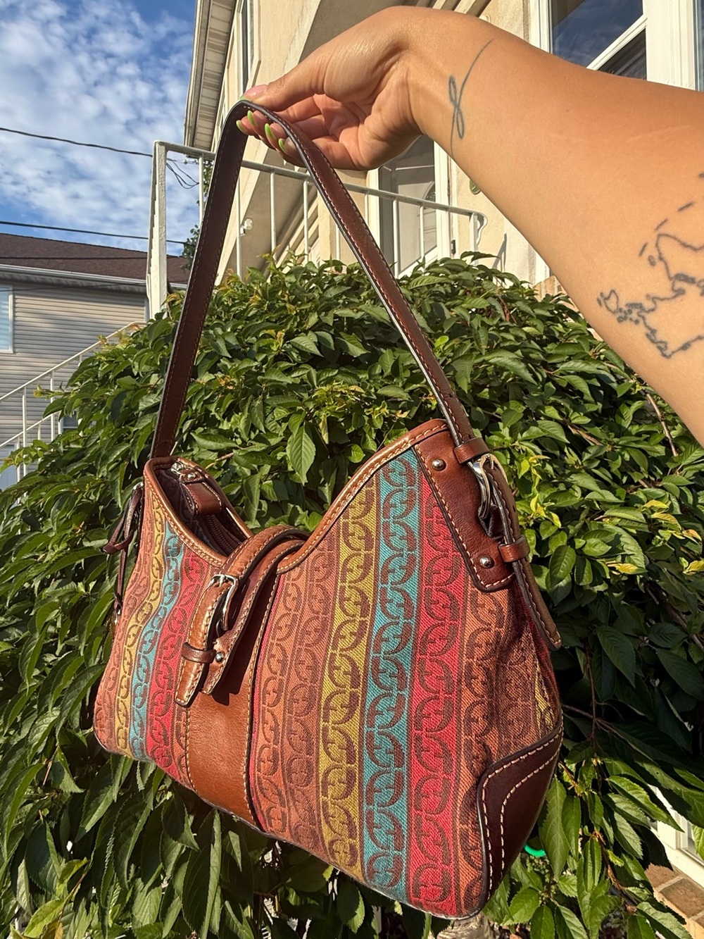 Vintage Y2K Fossil Multicolor Stripe Shoulder Leather Canvas Boho Baguette Purse - Picture 3 of 8